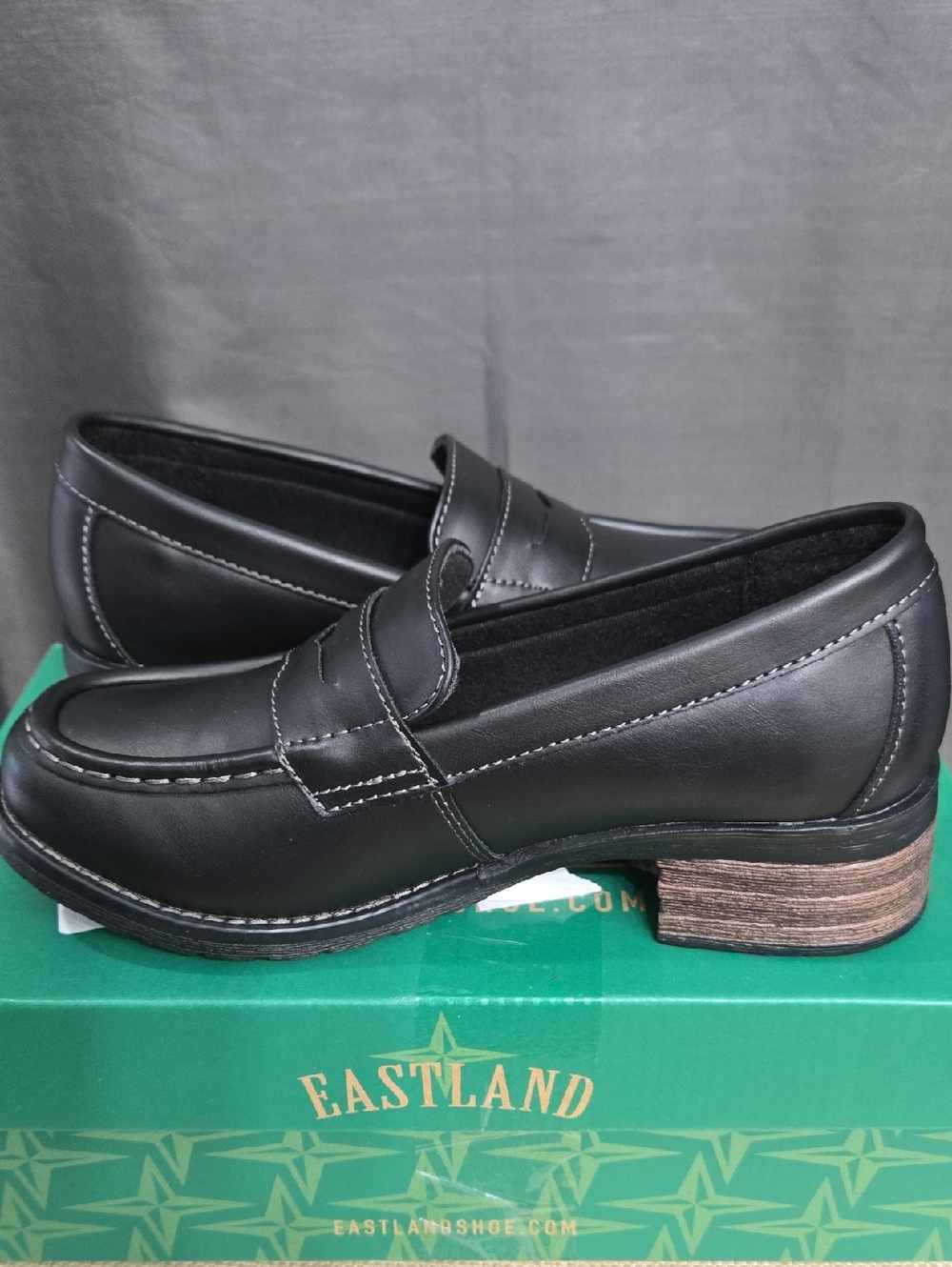 Eastland Black Leather Penny Loafers with Stacked Heel